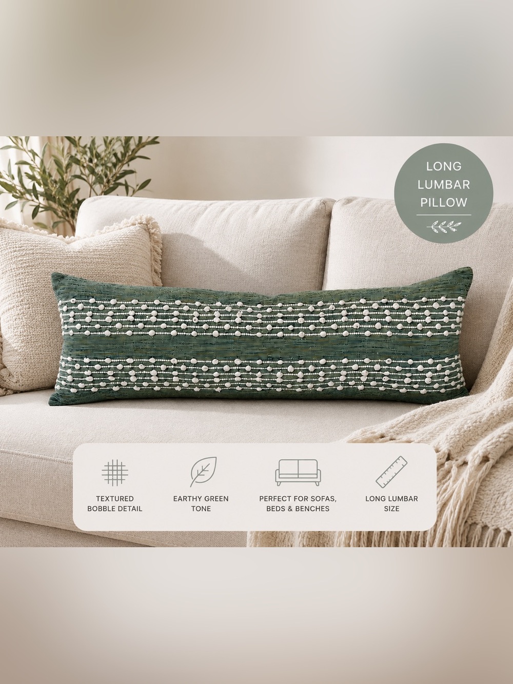 Teal Textured Long Lumbar Pillow
with White Bobble Detail, 14” x 40”